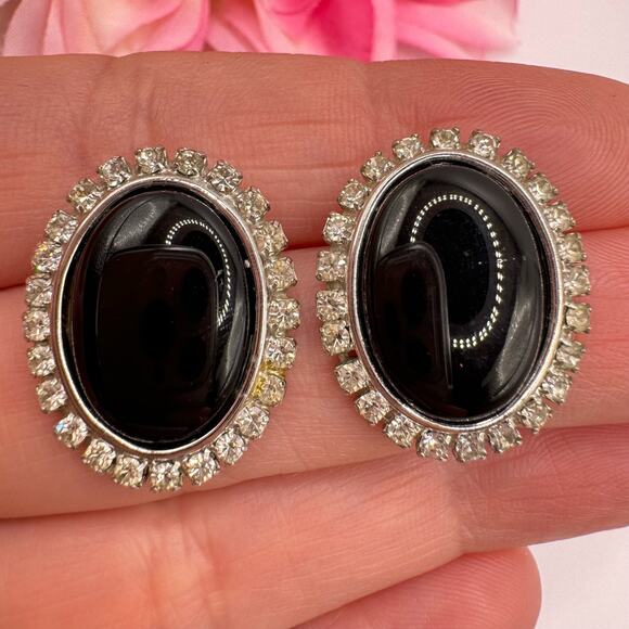 Vintage Oval Black Rhinestone Bezel Old Hollywood Special Occasion Chic Earrings - Picture 3 of 9